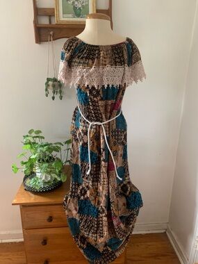 Vintage Razane Bohemian Patchwork Maxi Dress Off the Shoulder Runs Small
